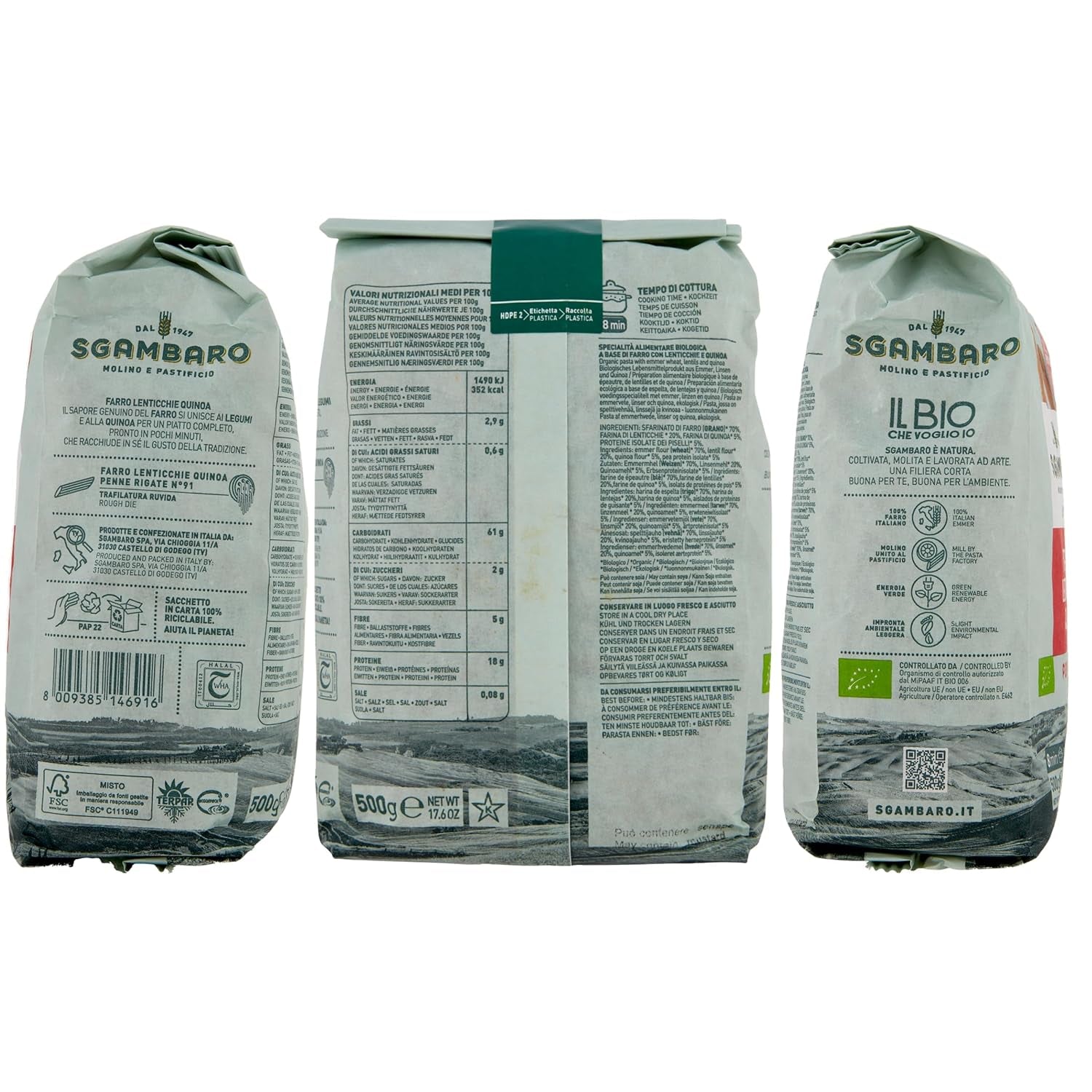 Pâtes Penne Rigate Bio N.91 - 500g à la farine d'épeautre, farine de lentilles et farine de quinoa - Riches en protéines, source de fibres et de protéines