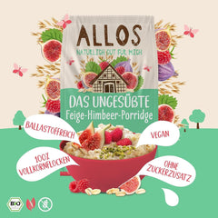 Porridge Allos non sucré aux figues et framboises | Porridge sans sucre | Muesli biologique | Muesli aux fruits | Gruau | Bouillie pour le petit déjeuner | Céréales pour le petit déjeuner | Végétalien | Paquet de 6 (6x500g)