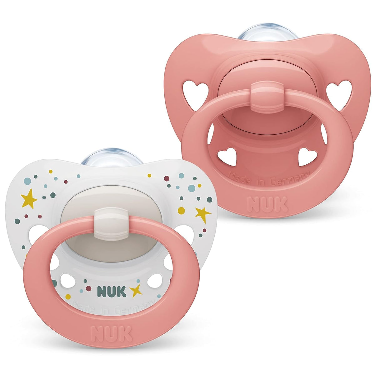 Sucettes NUK Signature pour bébés | 0-6 mois | Calme 95 % des bébés | Sucettes en silicone en forme de cœur sans BPA | Avec couvercle | Coeurs roses | Paquet de 2