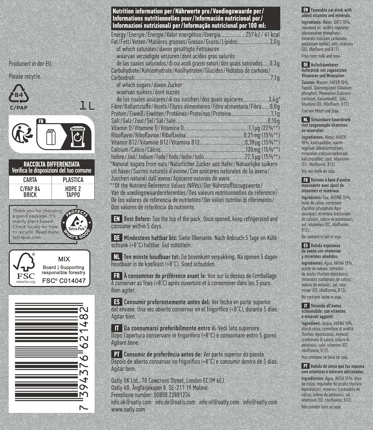 Oatly Barista Haferdrink Barista Edition, longue durée de vie 1 litre (paquet de 6)