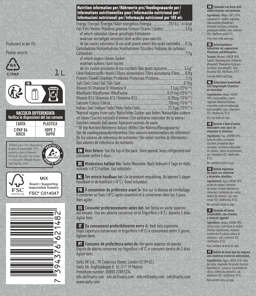 Oatly Barista Haferdrink Barista Edition, longue durée de vie 1 litre (paquet de 6)