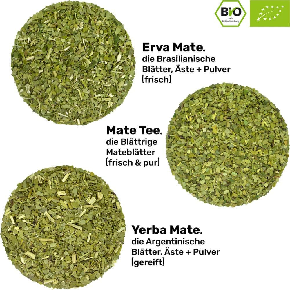 Service à Thé Mate Bio ● 3 Assortiments de Mate + 2 Tasses à Maté Double Paroi en Inox + 2 Bombillas + Instructions d'infusion (Noir)