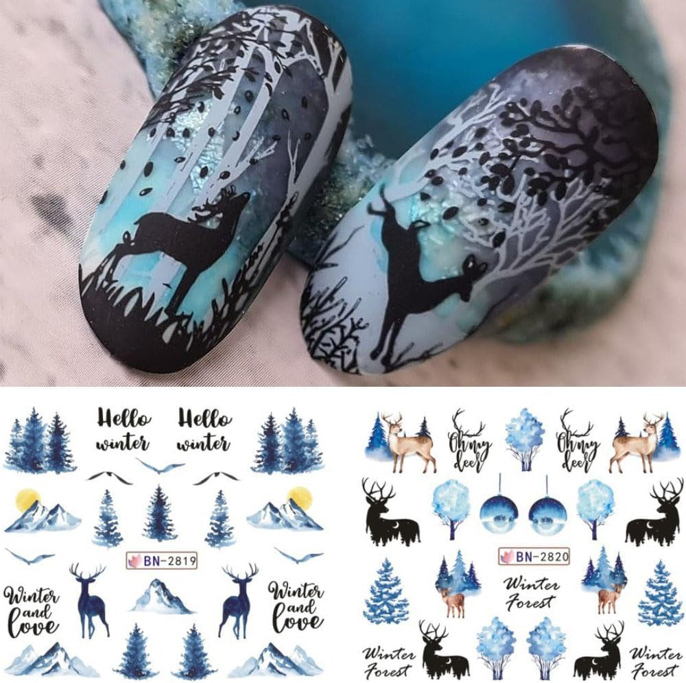 Autocollants pour ongles de Noël 3D auto-adhésifs à transfert d'eau, arbre de Noël, flocon de neige, élan, pingouin, nail art de Noël, dessins d'ongles d'hiver, autocollants de Noël, accessoires pour ongles