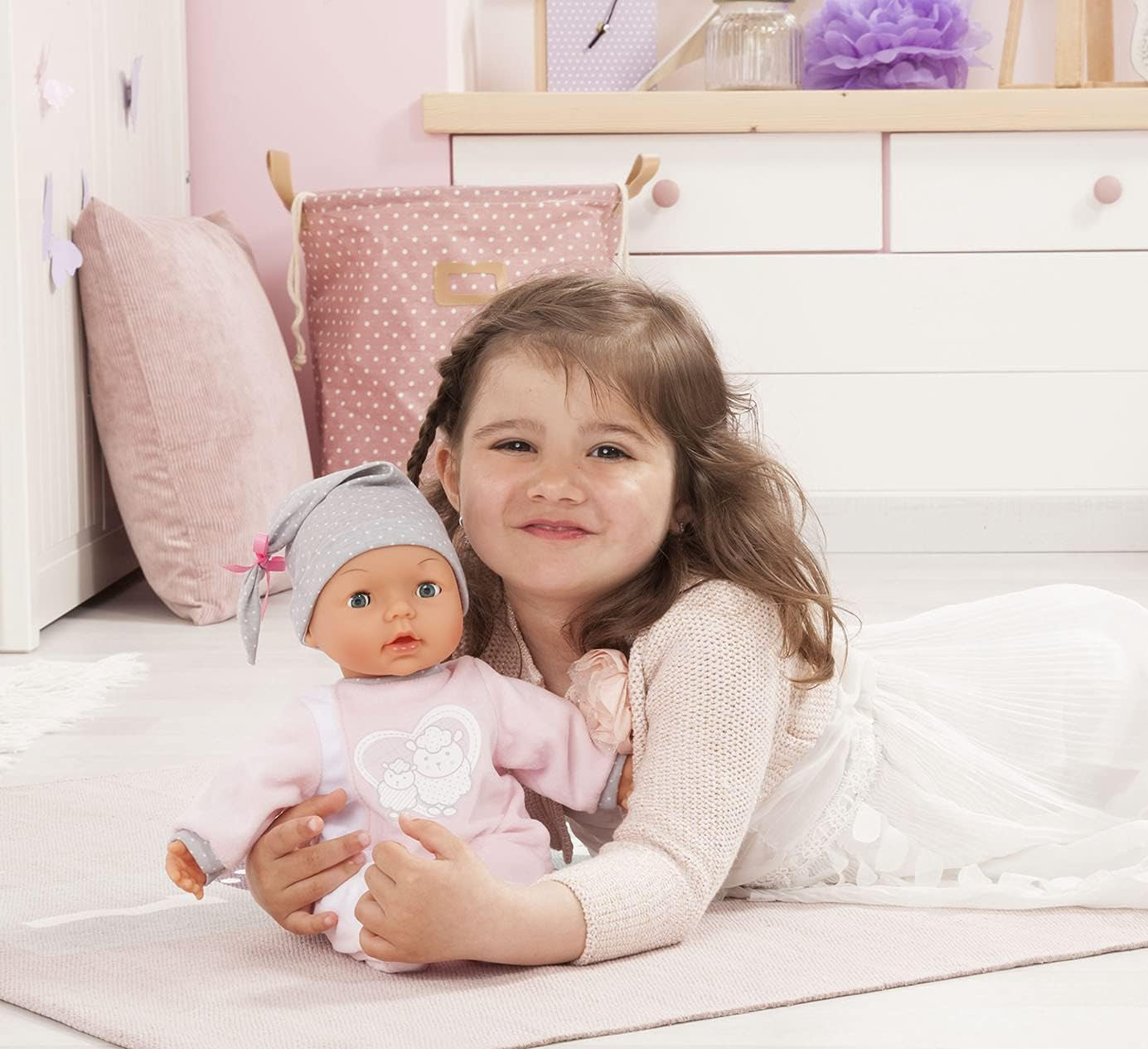 Bayer Design 93829AA Poupée interactive My Piccolina avec fonction, Poupée parlante, Bouge la bouche, 38 cm, Tétine, Biberon, Rose, Gris