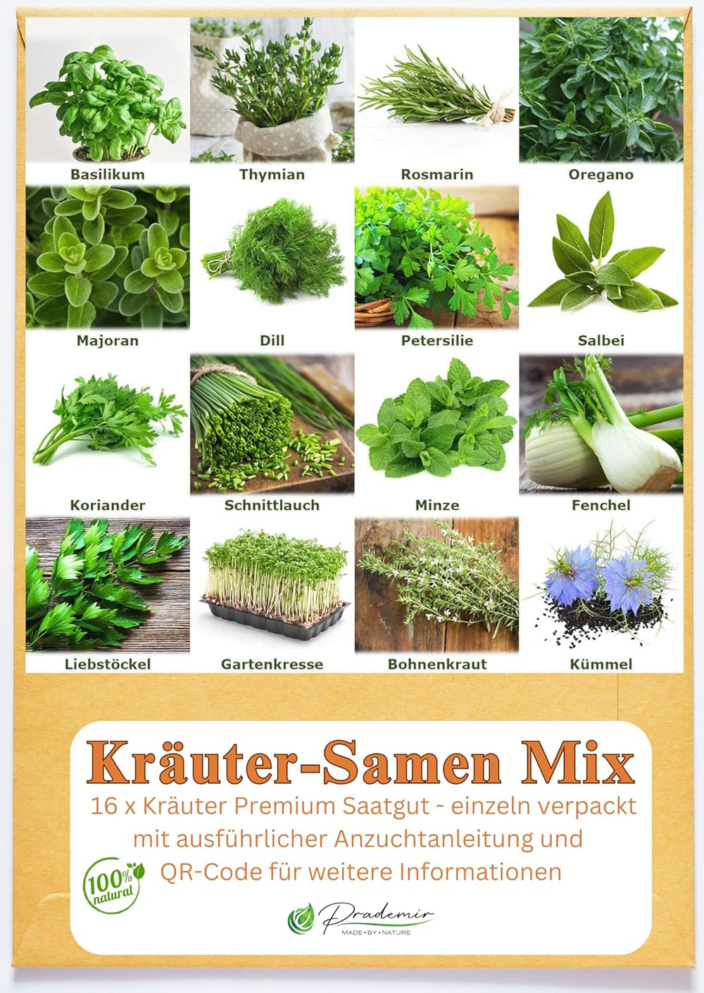 Prademir – Kräutersamen Set aus 16 beliebten Küchenkräutern – Kräuter Anzuchtset mit 100% Natursamen au Portugal – Kräuter Saatgut à l'origan, thym, marjolaine, romarin, aneth, basilic, sauge uvm