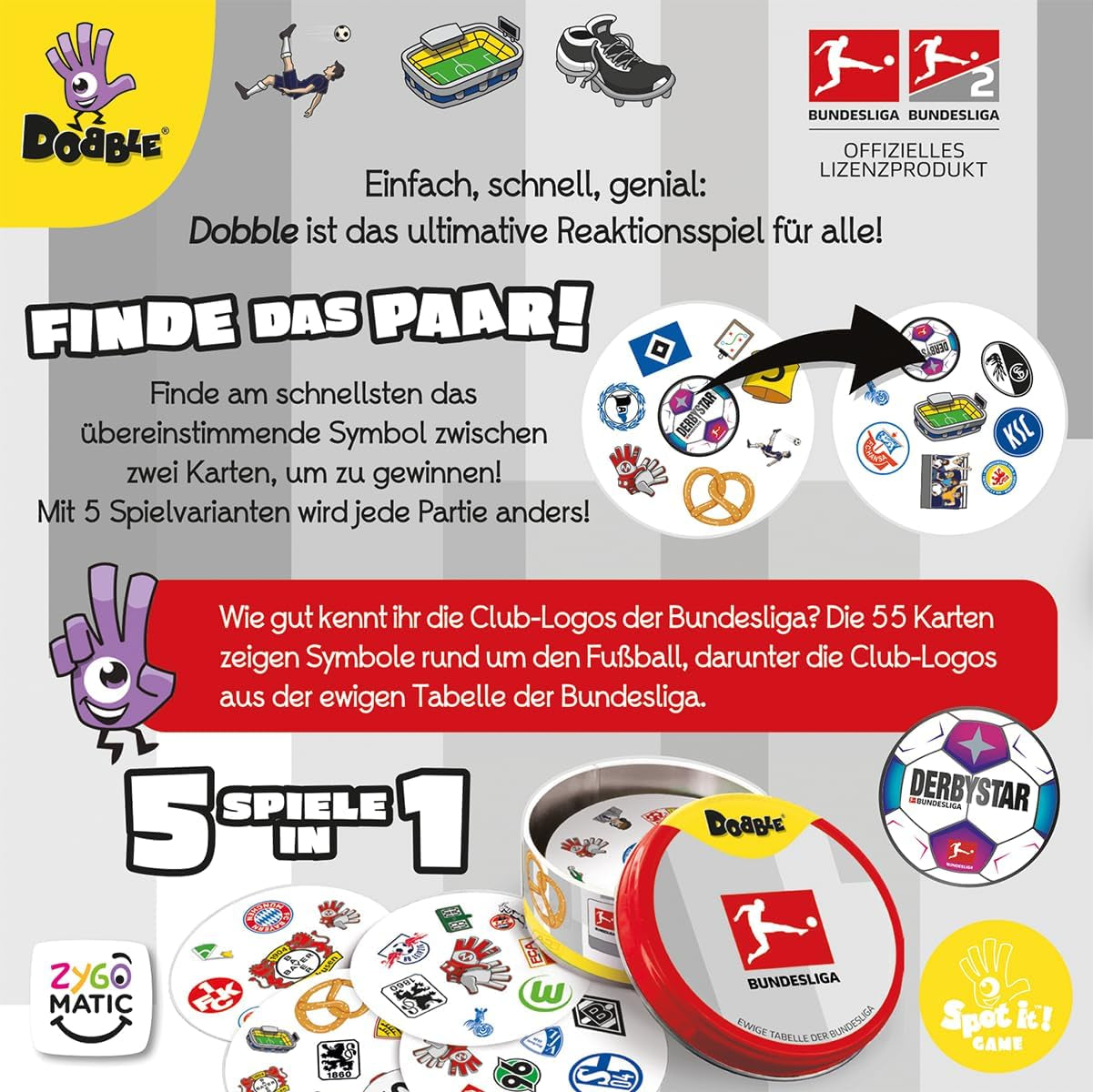 Dobble Bundesliga, jeu familial, jeu de cartes, 2-8 joueurs, à partir de 6 ans, 15 minutes, allemand