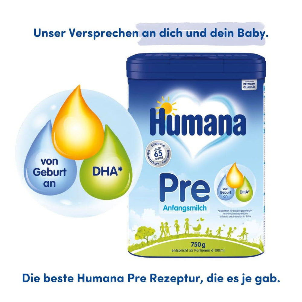 Lait Humana Initial PRE, dès la naissance, lait en poudre pour nourrissons, uniquement avec DHA et lactose, 750 g Naty Shop
