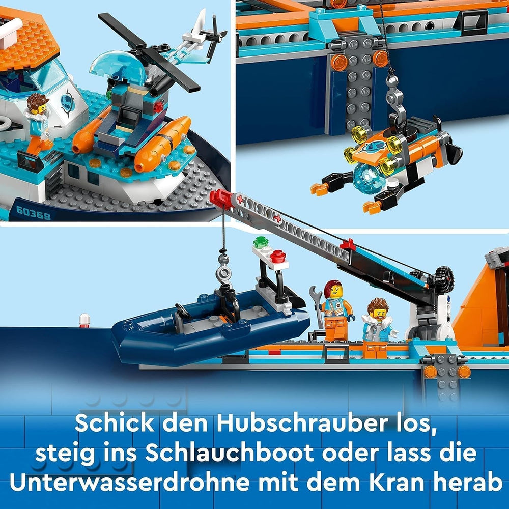 Navire de recherche arctique LEGO City, grand bateau jouet flottant avec hélicoptère, bateau gonflable, sous-marin Rov, épave viking, 7 figurines et figurine d'orque, cadeau pour les enfants à partir de 7 ans 60368 Ensembles de construction Besuche den LEGO-Store