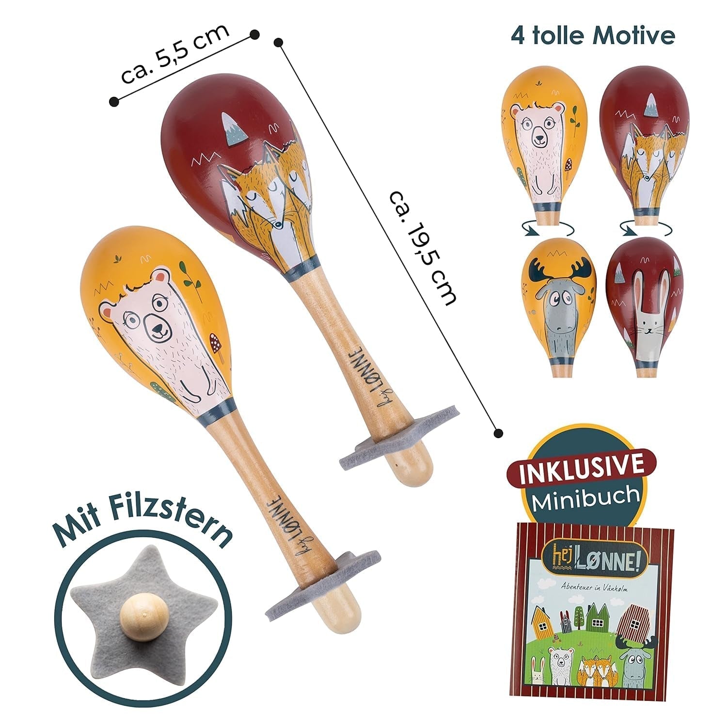 HEJ LØNNE lot de 2 cloches en bois - Maracas pour enfants - instrument de musique en bois pour favoriser la motricité, la coordination et le comportement social - cloche en bois pour enfants - jouet pour enfants Jouets Bebe Naty Shop