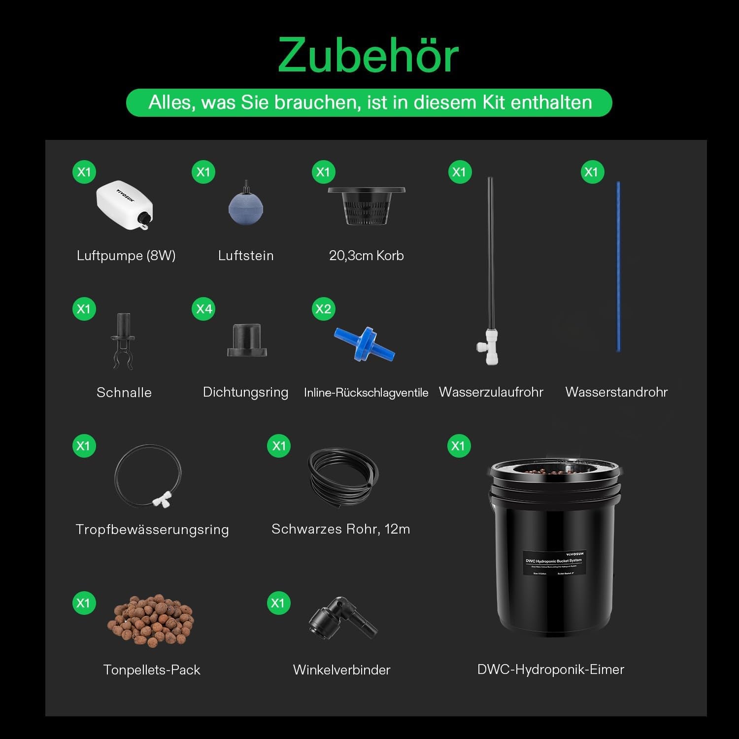 VIVOSUN DWC Hydrokultur Anbausystem mit Topf-Dripkit, 5-Gallonen Tiefwasserkultur, Umwälz-Tropfgartensystem mit Mehrzweck-Luftschlauch, 8W Luftpumpe and Luftstein (1 seau + Top-Drip-Kit)