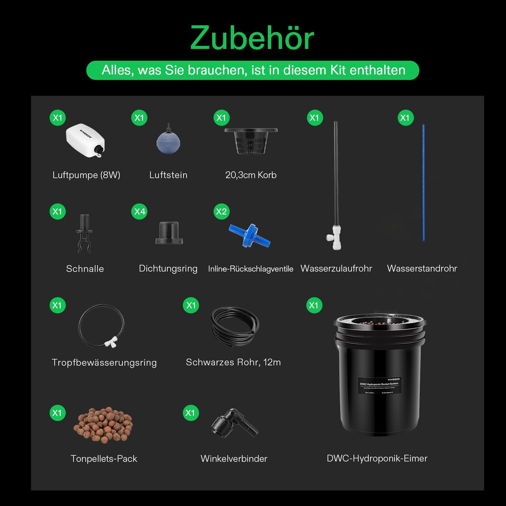 VIVOSUN DWC Hydrokultur Anbausystem mit Topf-Dripkit, 5-Gallonen Tiefwasserkultur, Umwälz-Tropfgartensystem mit Mehrzweck-Luftschlauch, 8W Luftpumpe and Luftstein (1 seau + Top-Drip-Kit)
