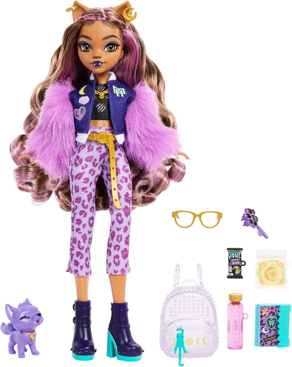 Poupée Monster High Clawdeen Wolf avec croissant de chiot et accessoires tels que cartable, calendrier, collations et plus encore, HRP65