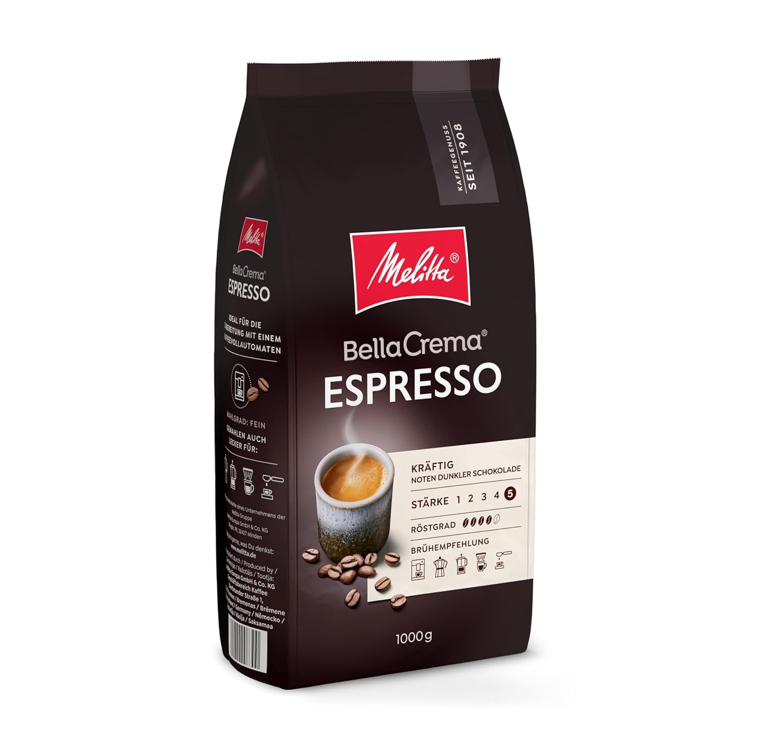 Melitta BellaCrema Espresso Whole Kaffee-Bohnen 1kg, ungemahlen, Kaffeebohnen für Kaffee-Vollautomat, kärtige Röstung, geröstet in Deutschland, Stärke 5