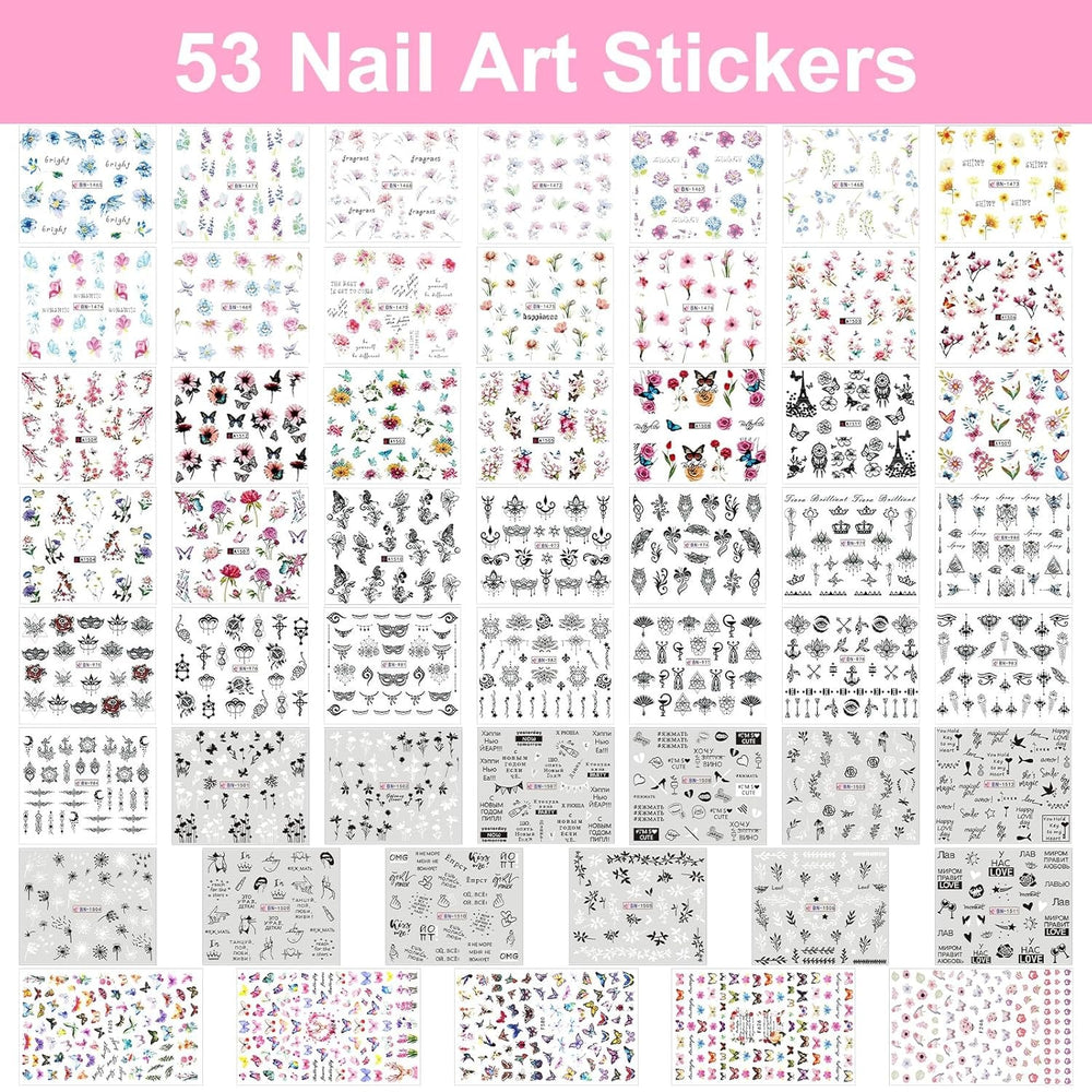 53 autocollants de perles, ensemble de pinceaux et de décorations pour nail art, 15 pinceaux, 5 stylos à points, strass, or noir pour l'art de l'art, les paillettes, les travaux d'art et les ensembles de décorations