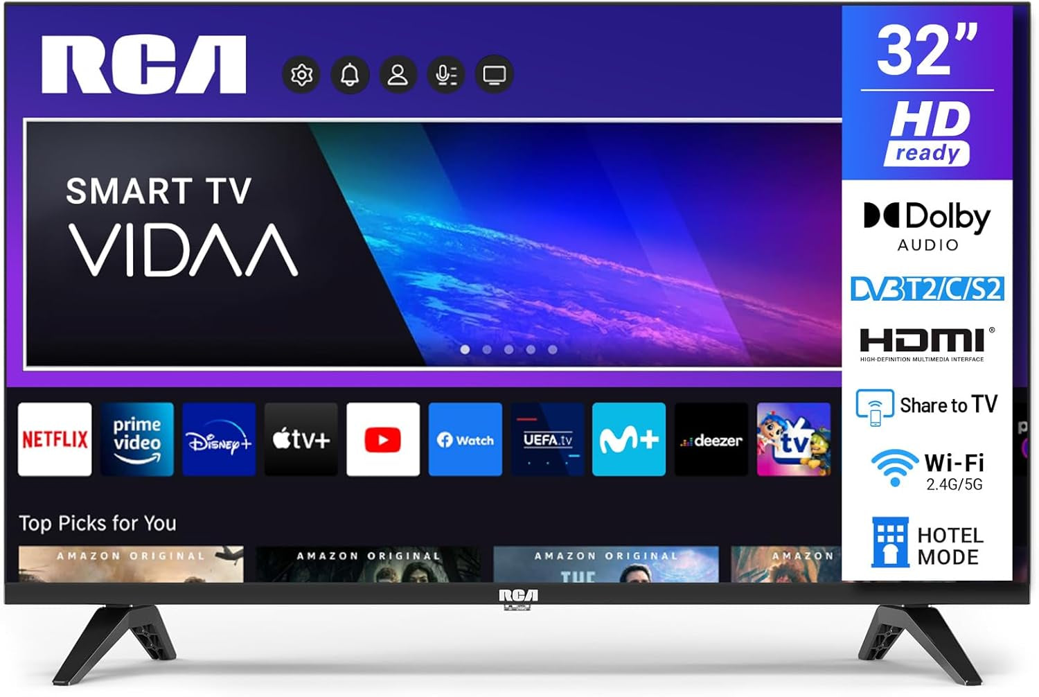 Televizor inteligent RCA VRS32HQ1, televizor LED HD de 32 inch (80 cm), cu WLAN, tuner triplu (DVB-T/T2, DVB-C, DVB-S/S2), App Store, HDMI, USB, CI/CI+, Netflix, YouTube și multe altele [RVSmart 2024]