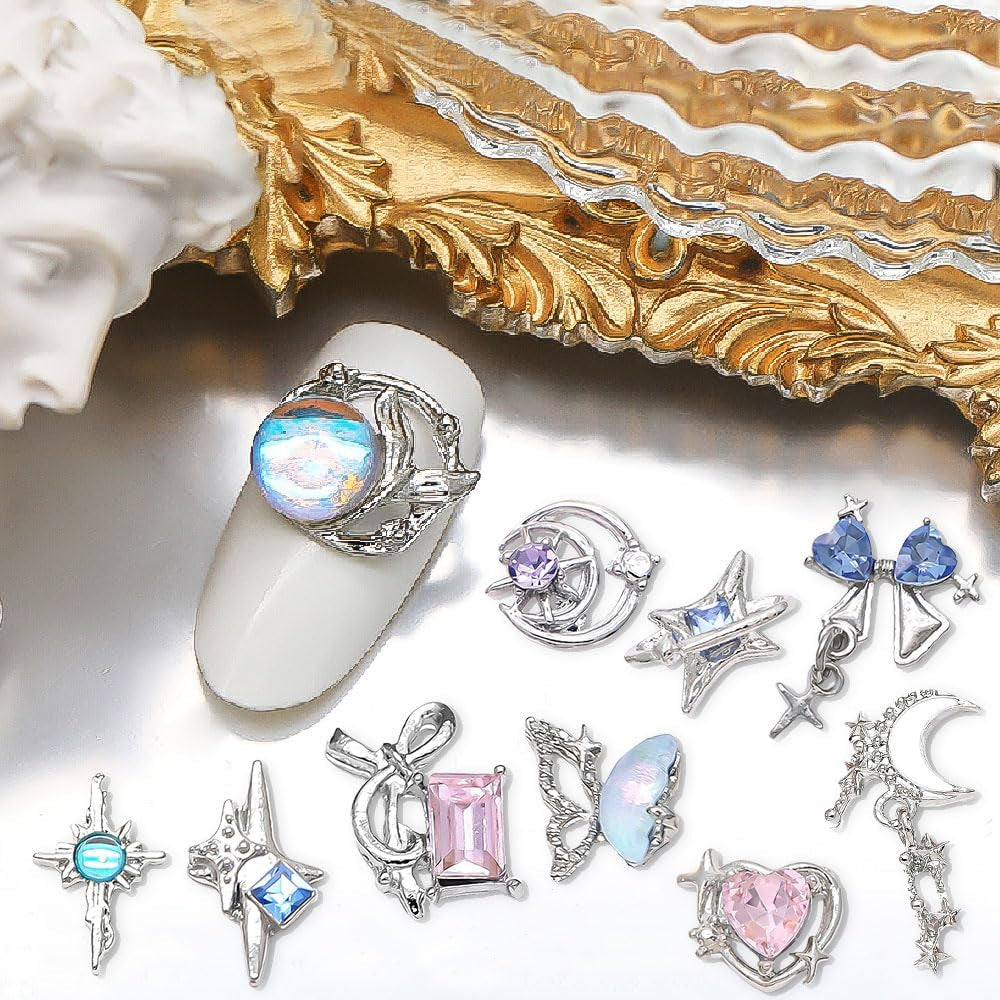 16 Style Luxus Mond Stern Nagel Charms 3D Nail Charms Y2K Legierung Strasssteine ​​​​Bogen Schmetterling Nagel Schmuck Metall Nail Art Charms Nägel Glitzersteine ​​​​Nailart Strass Nageldesign Zubehör