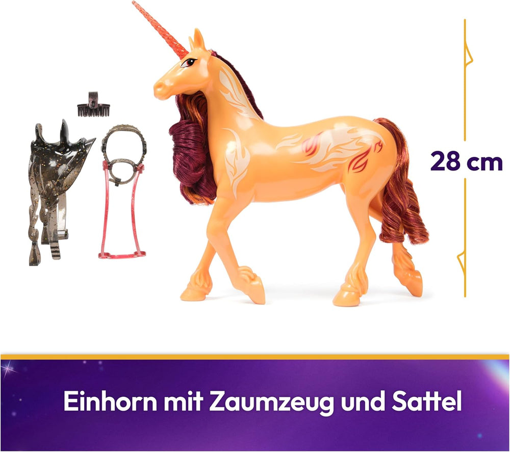 Unicorn Academy Cinder la Licorne - Licorne Valentina originale de 28 cm de haut de la série Netflix, avec une vraie crinière et une vraie queue, une bride, une selle et une brosse amovibles, pour les enfants à partir de 4 ans