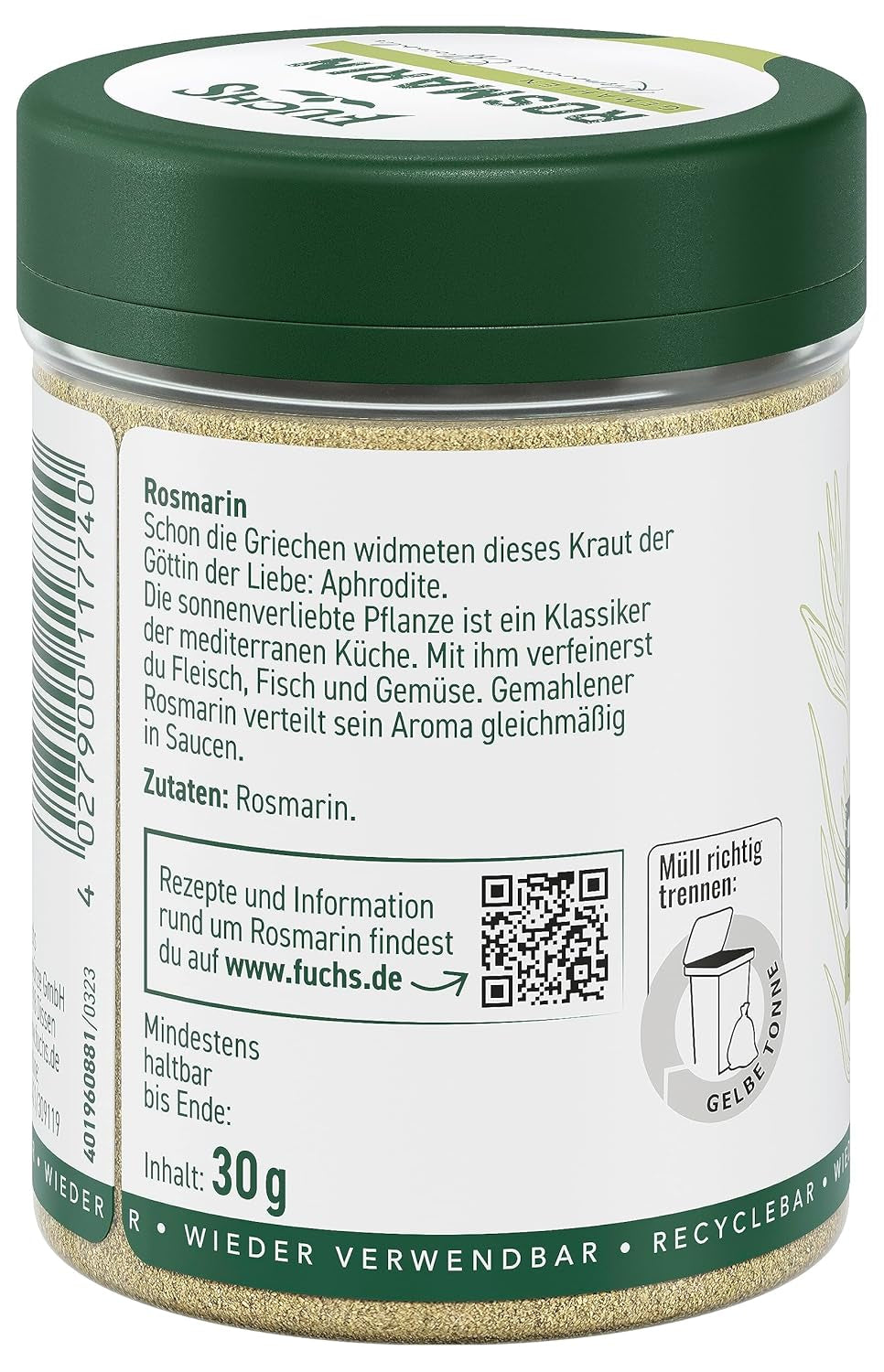 Fuchs Gewürze - Rosmarin gemahlen - zum Würzen von Fisch, Fleisch und Gemüse - ingrédients naturels - 30 g en dose variable, recyclable