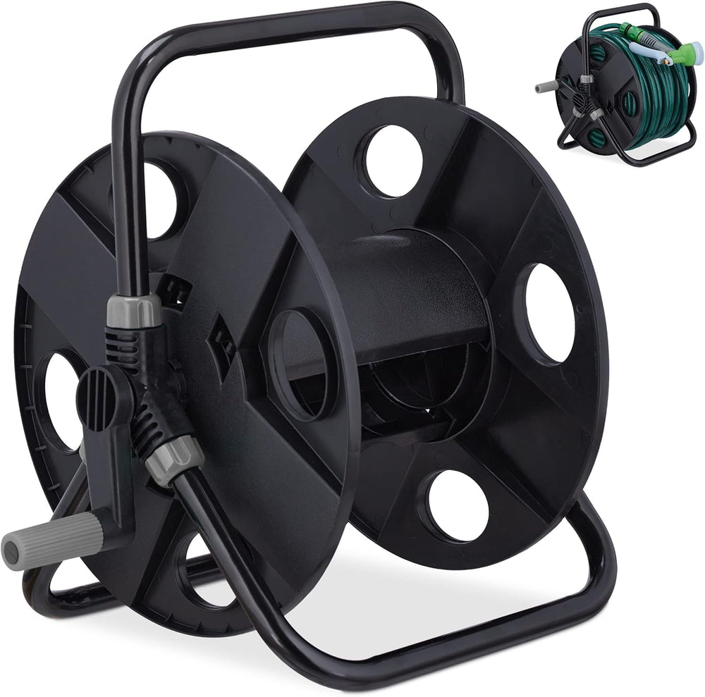 Enrouleur de tuyau Relaxdays, pour tuyau 30 m 1/2", acier, plastique, support de tuyau, HL : 38 x 42 x 31 cm, noir/gris