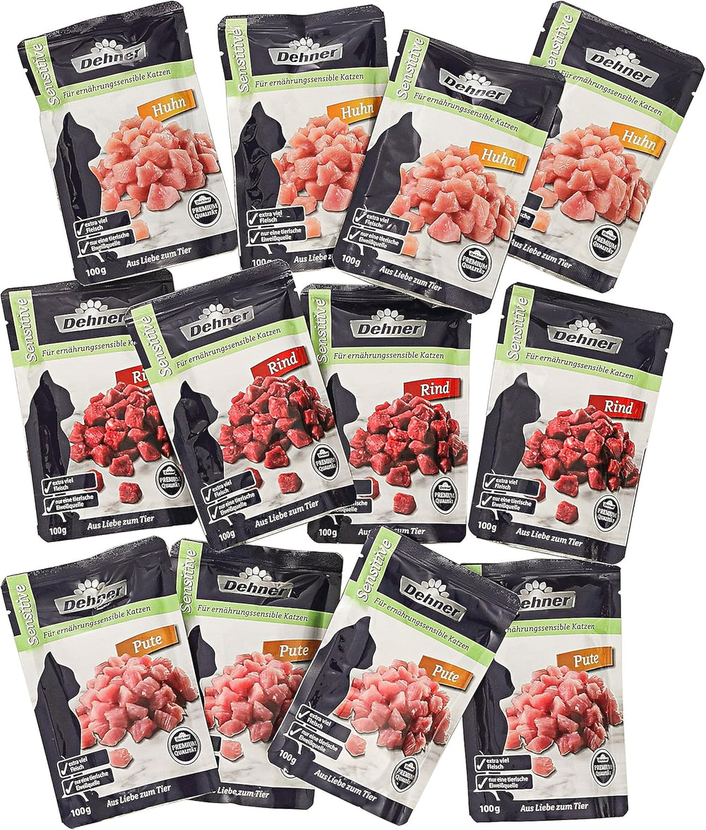 Dehner Premium Katzenfutter Sensitive Multipack, Nassfutter, pour ernährungsensible Katzen, je 4 x Huhn / Rind / Pute, 12 x 100 g Sachet (1,2 kg)
