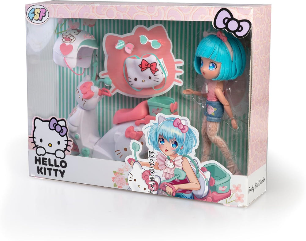4SF -  Pretty Pink Scooter, Japanische Fashion Puppe mit Motorrad, Figur von 19,5 cm mit 15 Gelenkpunkten, Inklusive Helm und Tasche, Trägt EIN Top mit Mikroschorts, Famosa (HKTF3000)