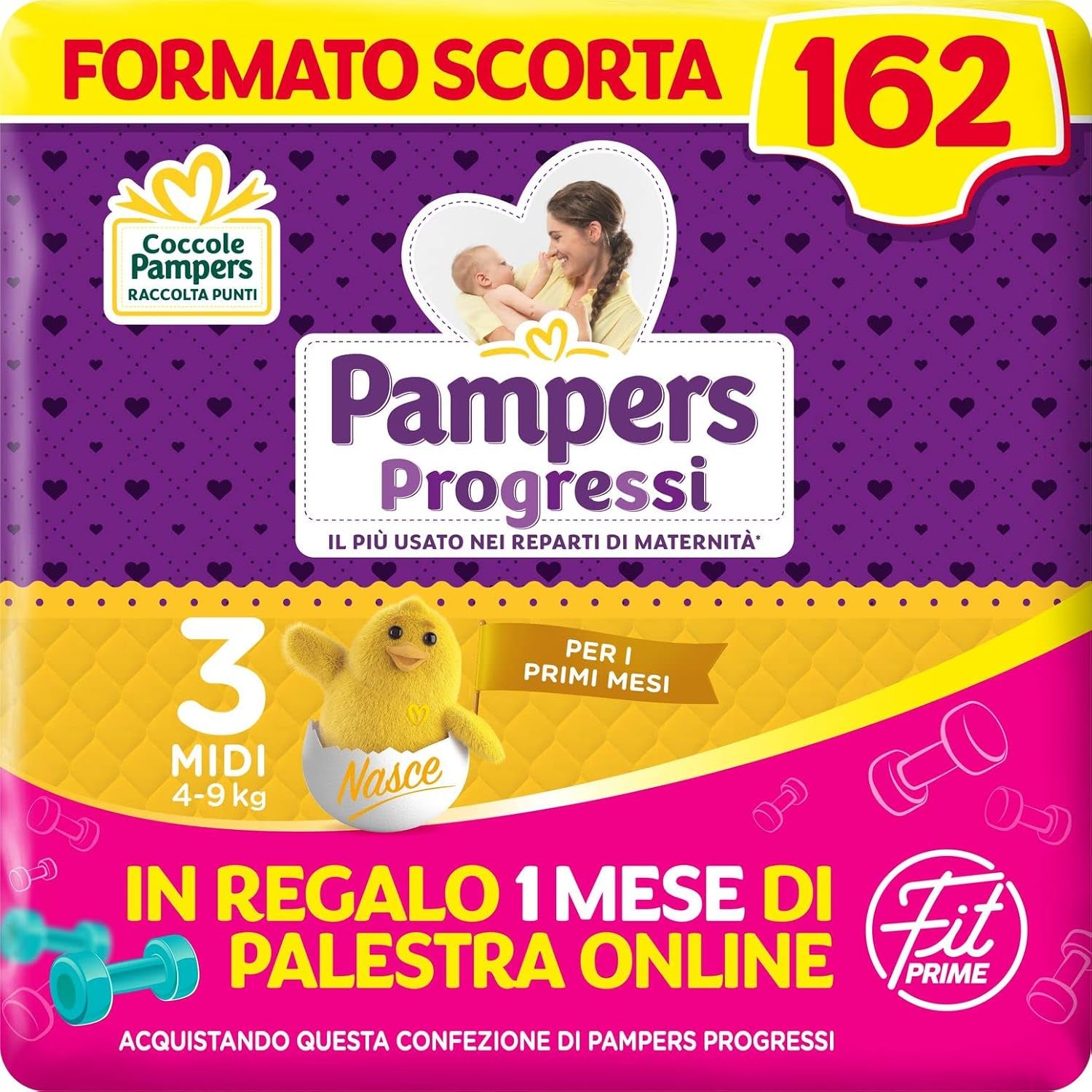 Couches Pampers Progressi & Fit Prime Midi, format court, 162 couches, taille 3 (4-9 kg), abonnement en ligne à la salle de sport pendant 1 mois en cadeau