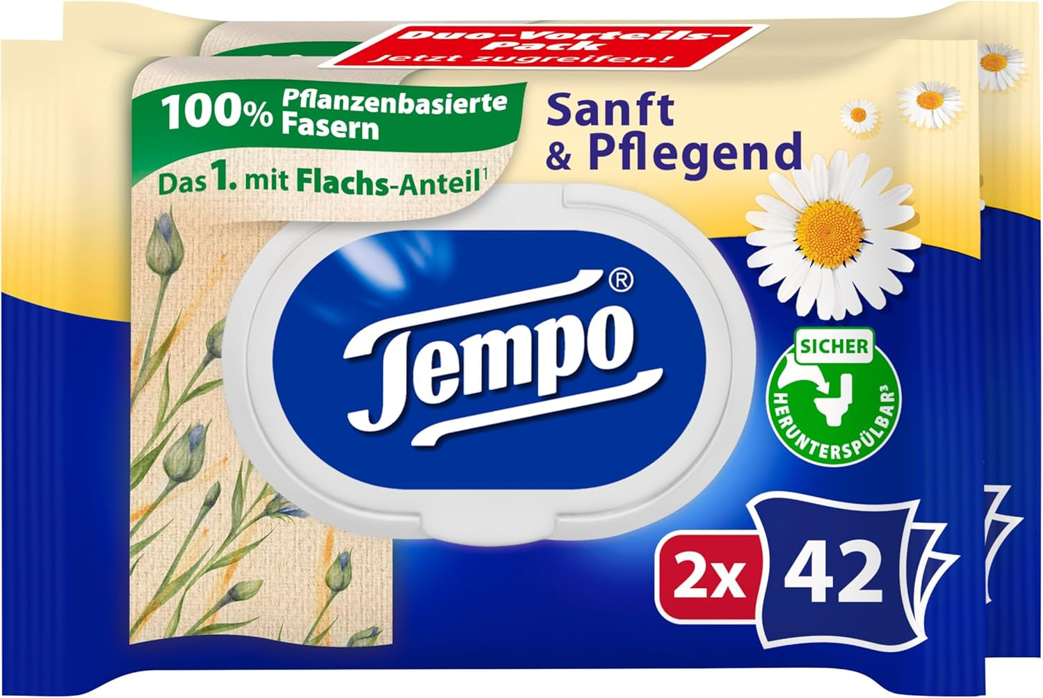 Lingettes de toilette Tempo "Doux & Soin" - Megapack - 16 paquets de 42 lingettes - Duo Packs - à la camomille naturelle - papier toilette, testé dermatologiquement et neutre au Ph de la peau