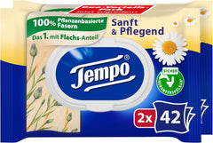 Lingettes de toilette Tempo "Doux & Soin" - Megapack - 16 paquets de 42 lingettes - Duo Packs - à la camomille naturelle - papier toilette, testé dermatologiquement et neutre au Ph de la peau