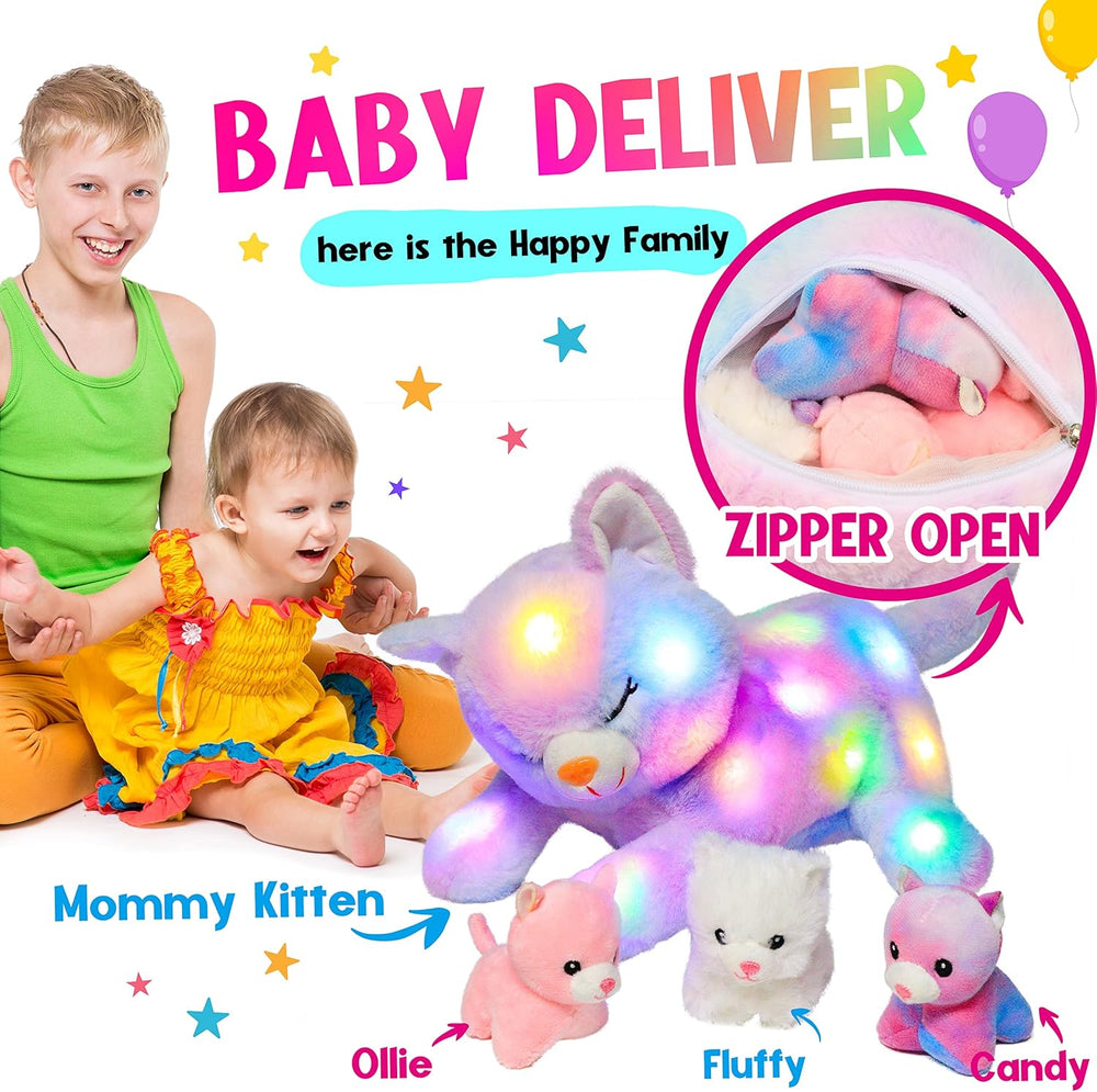 Chat en peluche musical à LED, jouet chantant léger, mère chat avec 3 chatons dans le ventre, berceuse animée, jouet apaisant pour mères, enfants, petites filles, arc-en-ciel, 45 cm