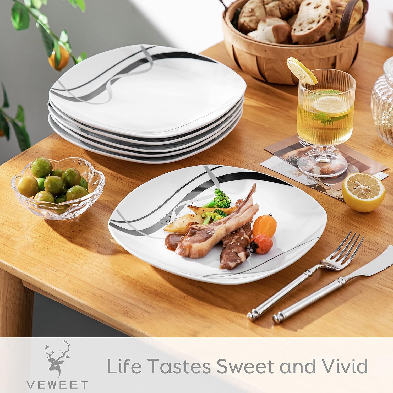 VEWEET FIONA Service d'assiettes en porcelaine pour 6 personnes, Ø 24,7 cm, comprenant des assiettes à dessert, des assiettes à pâtes, des assiettes à gâteau et des assiettes à petit-déjeuner, passe au micro-ondes et au lave-vaisselle