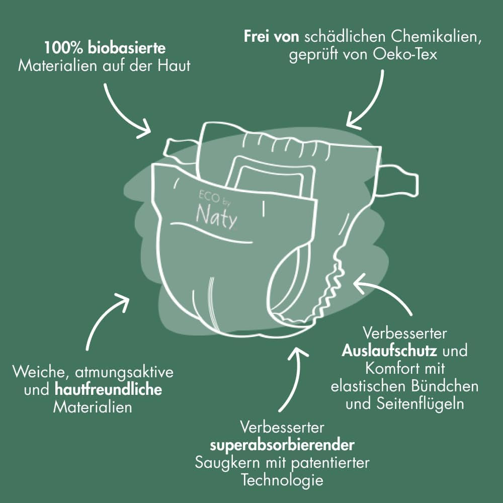 Scutece ecologice Eco by Naty Baby Eco Diapers - scutece organice premium, ecologice, fabricate din materiale pe bază de plante, ideale pentru pielea sensibilă a bebelușilor (mărimea 5 - 80 de bucăți)