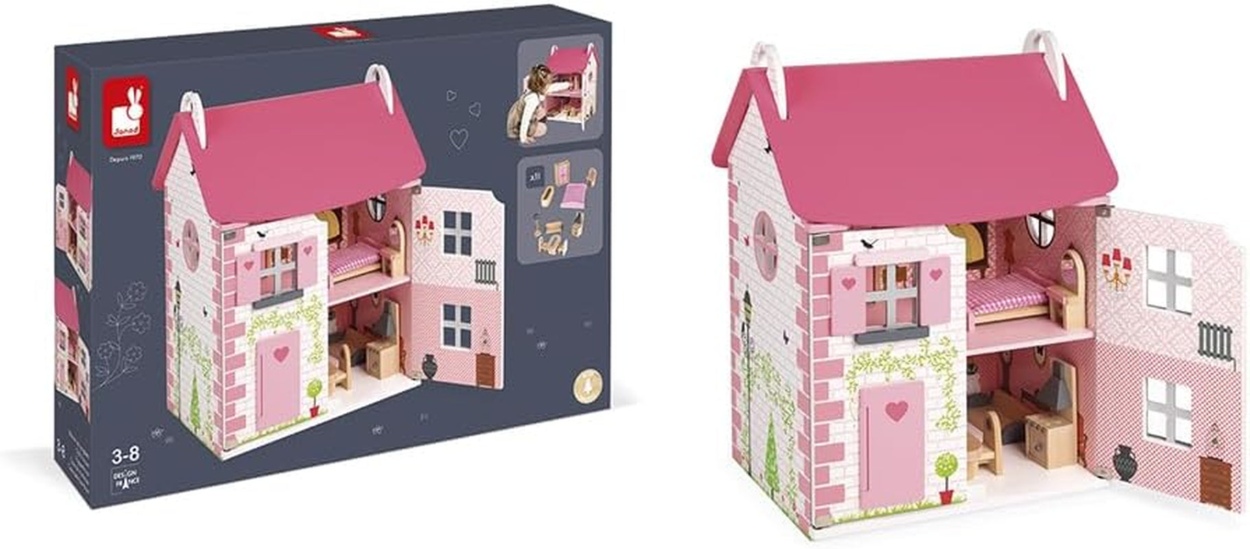 Janod - Maison de poupée en bois Mademoiselle, 3 étages et 11 accessoires, réplique de jouet, développe l'imagination, à partir de 3 ans, J06581, rose Naty Shop Dollhouses