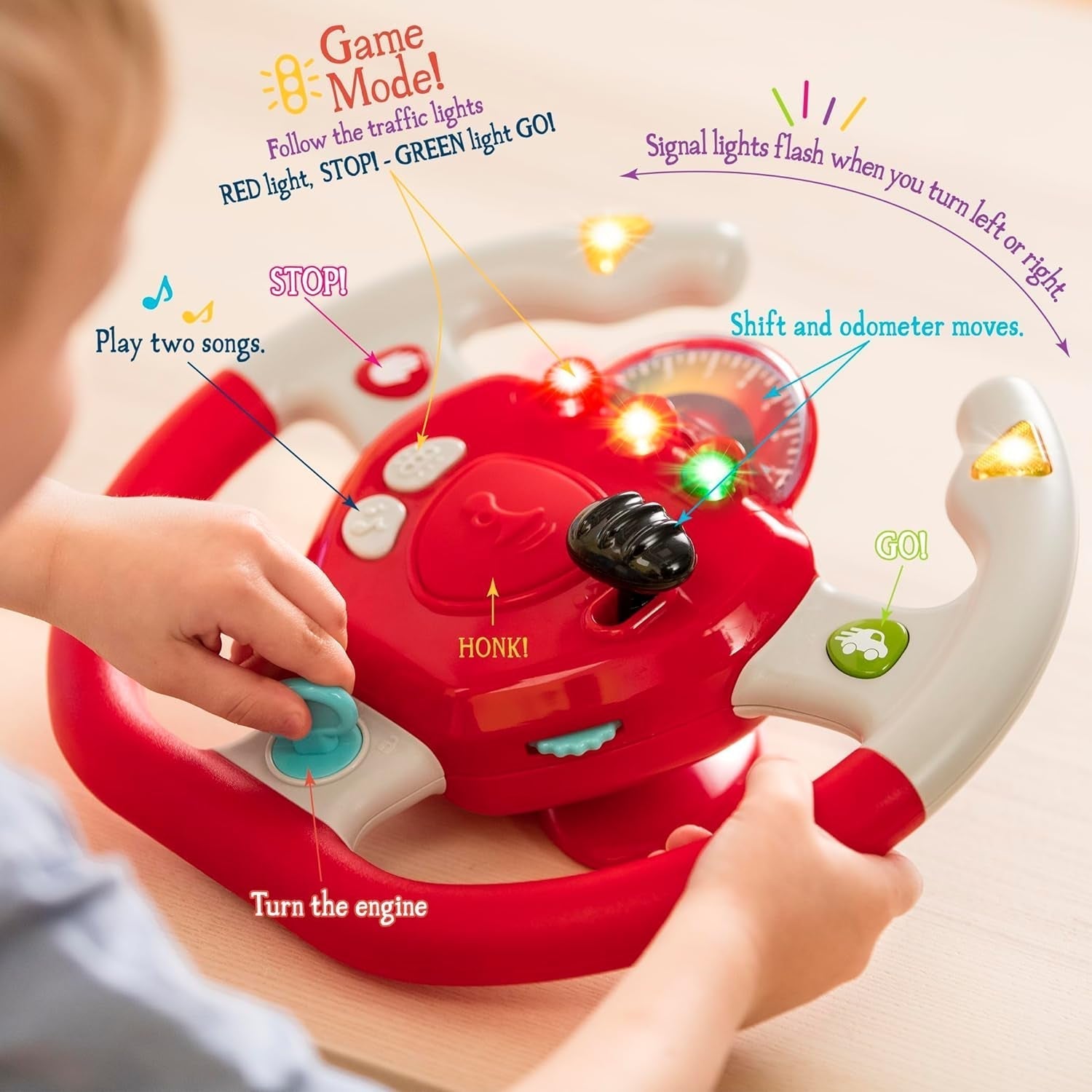 Battat en plastique, jouet interactif au volant BT2525Z également pour les voyages et les promenades en voiture avec lumières et sons pour les enfants de 2 ans et plus, rouge, compatible avec les voitures Bebe Toys Naty Shop