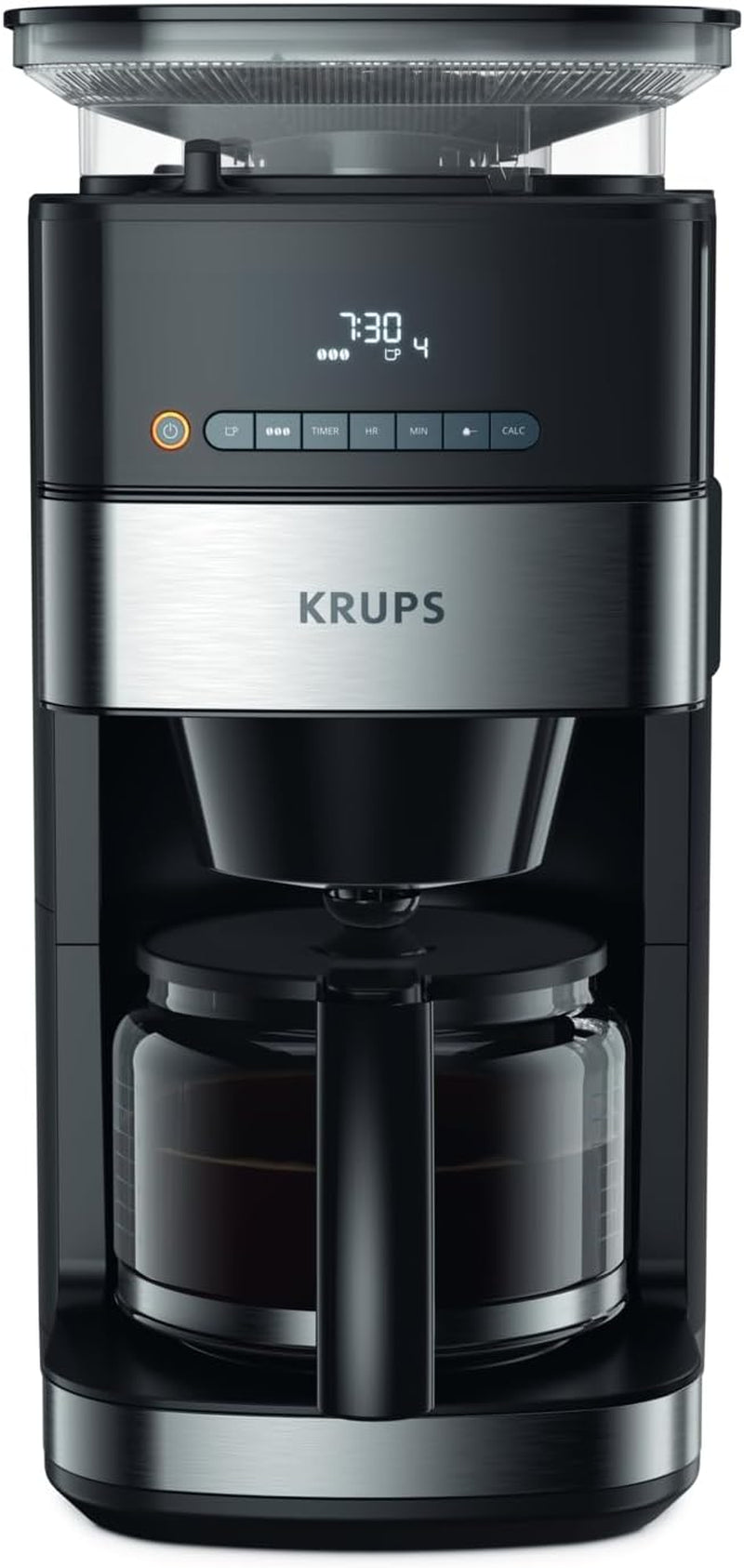 Machine à expresso Krups KM8328 Grind avec broyeur | Minuterie 24 heures | Contenant à céréales 180 g | Capacité 1,25 l pour jusqu'à 15 tasses de café | Fonction de mise hors tension automatique | 3 réglages de mouture | Noir
