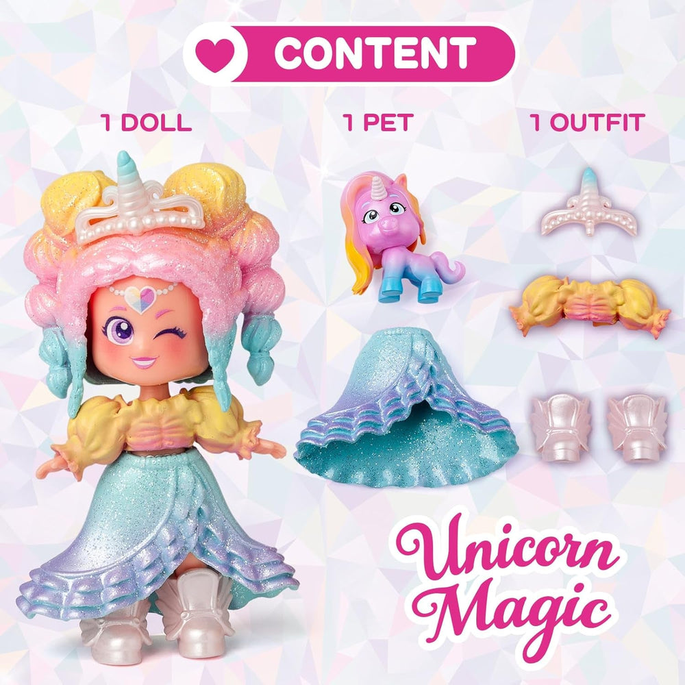 Prinzessinnen-Serie, Unicorn Magic – Sammelpuppe aus der Princess-Serie. Enthält Puppe, Set aus Kleidung und Schuhen mit Prinzessinnen-Thema, Zubehör und Haustier. 1 Puppe, 3 Verschiedene