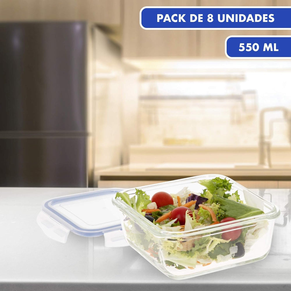 Max Home Lot de 8 récipients hermétiques en verre pour micro-ondes Boîte à lunch en verre Récipients alimentaires refermables 550 ml Couvercles transparents Récipients alimentaires (16538) Boîtes de conservation des aliments Naty Shop
