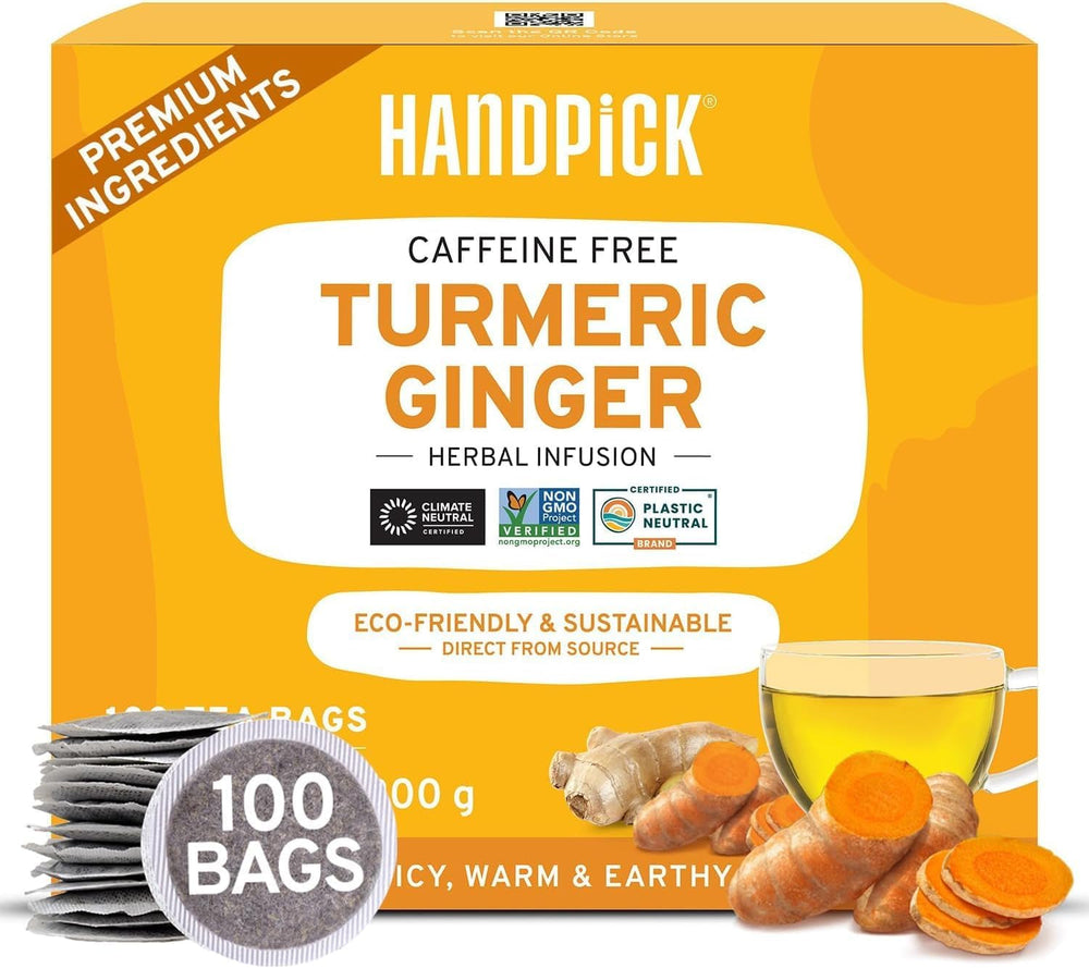 HANDPICK, pliculețe de ceai verde (100 pliculețe) Fără gluten și ceai verde pur | Pliculețe rotunde de ceai verde, fără adeziv, fără înălbitor, fără sfori | Ceai fierbinte/Kombucha sau infuzat la rece | Ceai verde