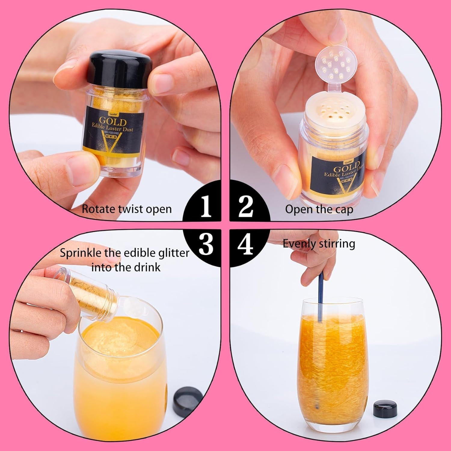 Paillettes comestibles – 4 couleurs de poudre de paillettes comestibles, poudre de paillettes pour boissons, aliments, gâteaux – poudre colorante alimentaire métallique comestible pour la pâtisserie, cocktails – 5 g/bouteille