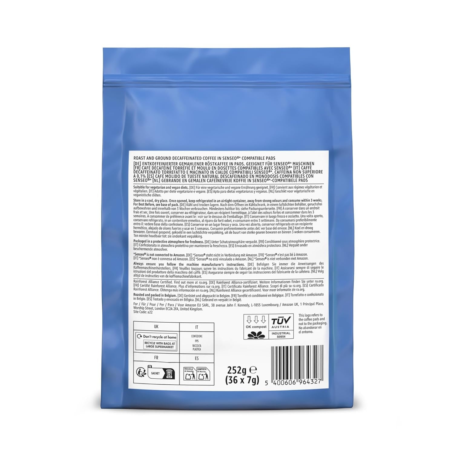 by Amazon Entkoffeinierte 100% Arabica-Kaffeepads, geeignet for Senseo-Maschinen, medium Röstung, 36 Stück (1 Packung mit 36 ​​​​Stück) – Rainforest Alliance certifié