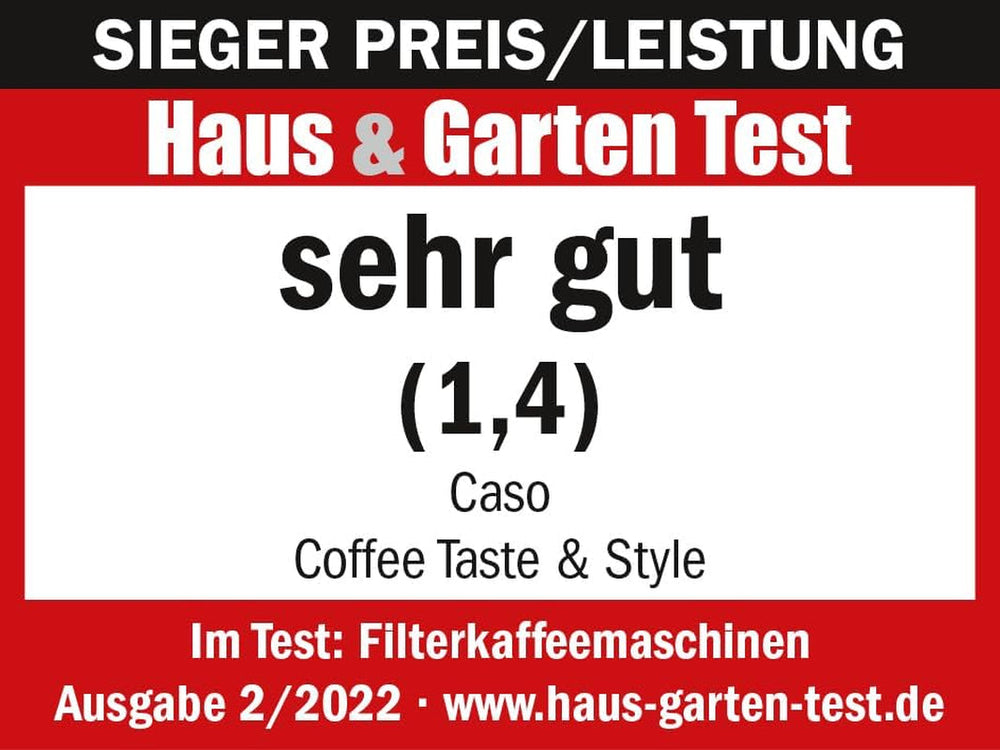 Machine à expresso CASO Coffee Taste and Style avec filtre permanent, 1,5 l, température d'infusion optimale 92-96 °C, système anti-goutte, tête d'infusion optimisée, acier inoxydable, 12 tasses