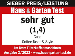 Machine à expresso CASO Coffee Taste and Style avec filtre permanent, 1,5 l, température d'infusion optimale 92-96 °C, système anti-goutte, tête d'infusion optimisée, acier inoxydable, 12 tasses