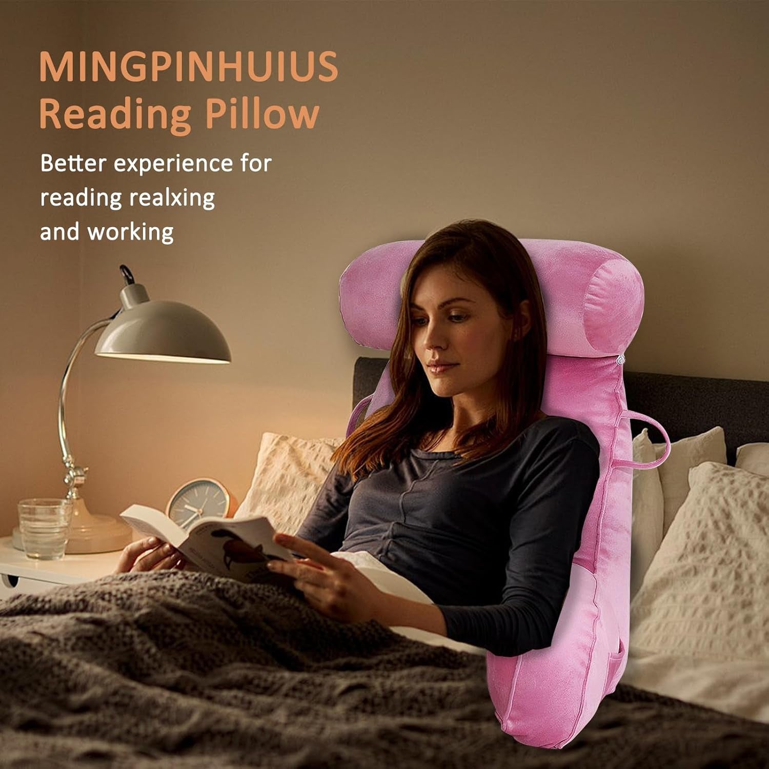 Pernă de citit XL pentru pat și canapea cu rolă detașabilă pentru gât, pernă ideală pentru spate pentru adulți cu spumă cu memorie pentru citit confortabil, lucru, joacă, vizionat la televizor, relaxare (roz)