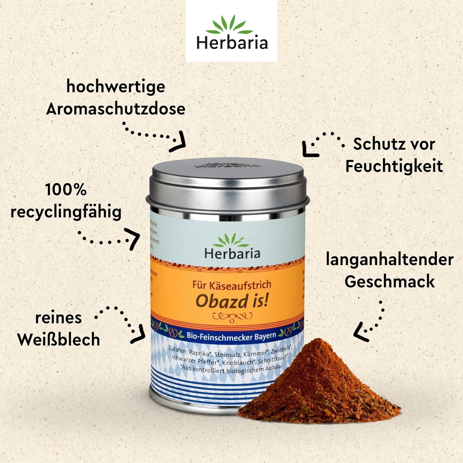 Herbaria Obazd l'est ! bio 90g M-Dose – Bio-Gewürzmischung bayerischen Biergartenklassiker Obazda – pour Brotaufstriche, Käsegerichte, Käsefondue – Raclette Gewürz - dans nachhaltiger Aromaschutz-Dose