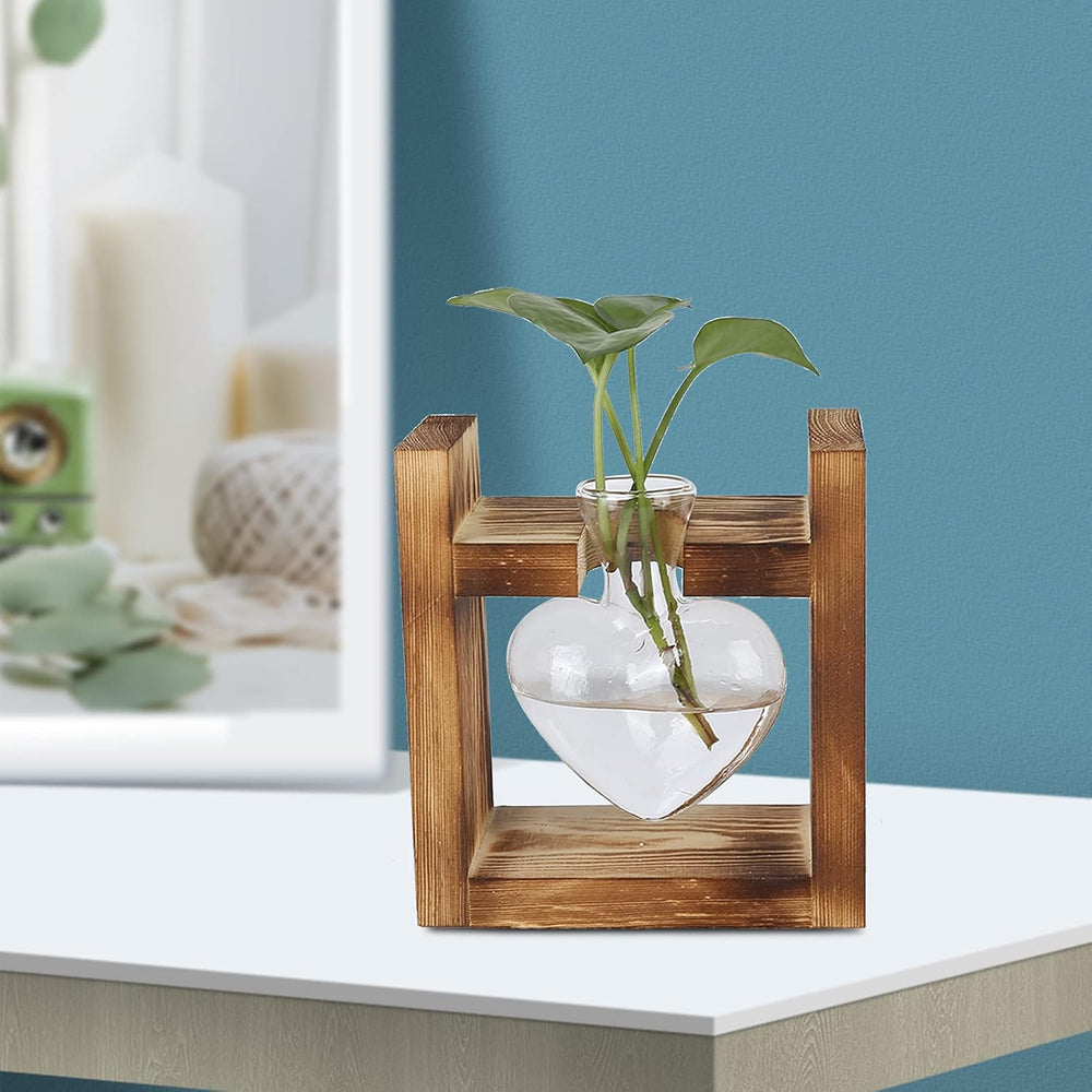 Terrarium de plantes sur support en bois, vase de table en forme de cœur, plantes hydroponiques en verre transparent pour la décoration de jardin de la maison, décoration florale hydroponique pour bureau, salon, cuisine (A)
