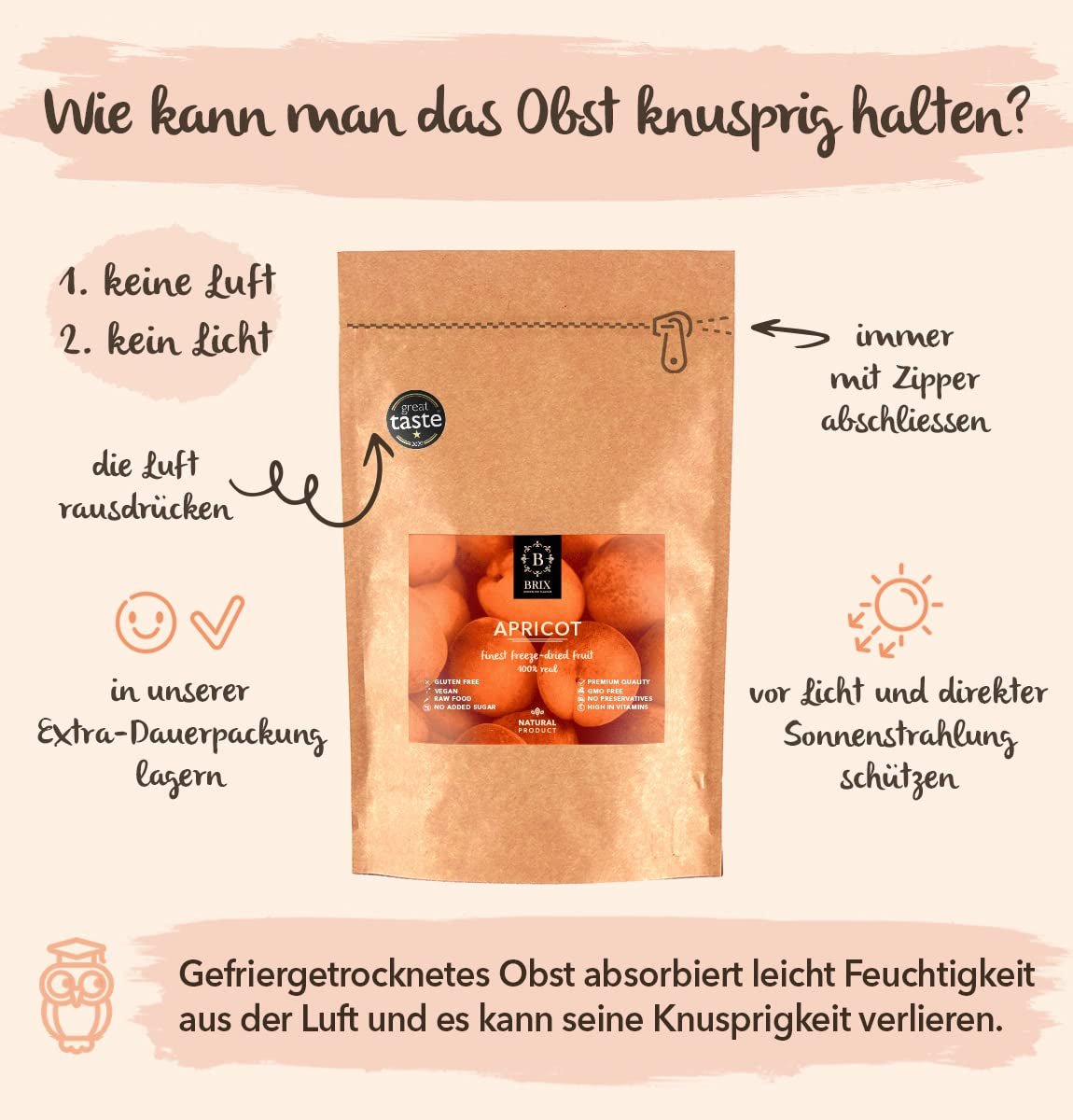 Abricots lyophilisés BRIX | Abricots secs naturels 85 g | Great Taste Award pour les fruits secs, séchés | Sans OGM, sans gluten, végétalien, vitamines conservées Naty Shop Produits déshydratés