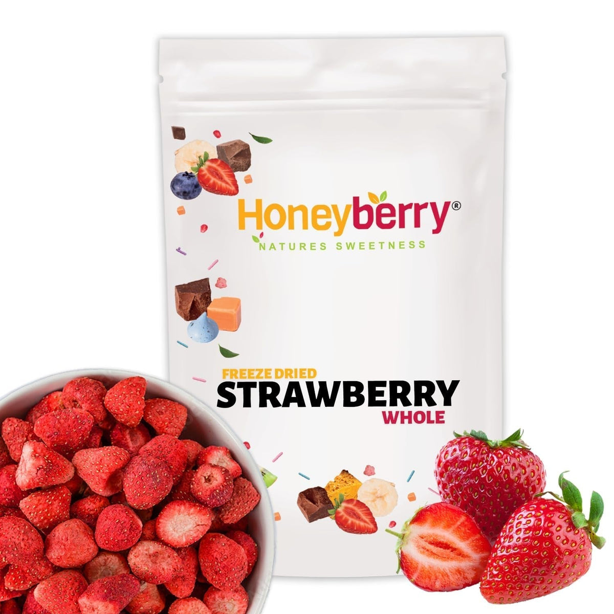 Fraises entières lyophilisées 100g - Fruits lyophilisés - Fruits secs lyophilisés - Fraises séchées - Parfait pour la pâtisserie, la décoration des gâteaux, snacks, muesli et desserts Produits déshydratés Naty Shop 100G