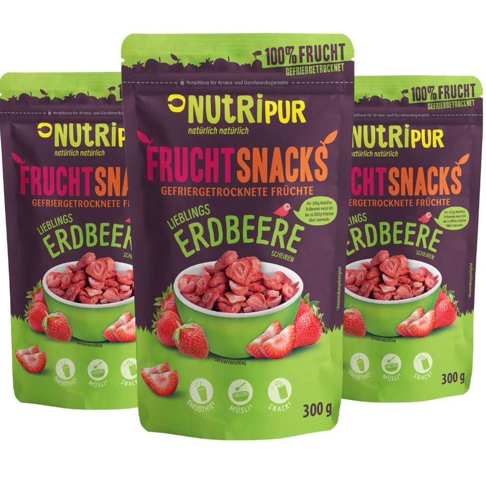 Fraises lyophilisées 300g : Tranches de fraises séchées non sucrées - Fraises lyophilisées pures pleines de saveur : Baies lyophilisées - Fruits secs NUTRIPUR Naty Shop Produits déshydratés 300G (Pack de 3) Fraises