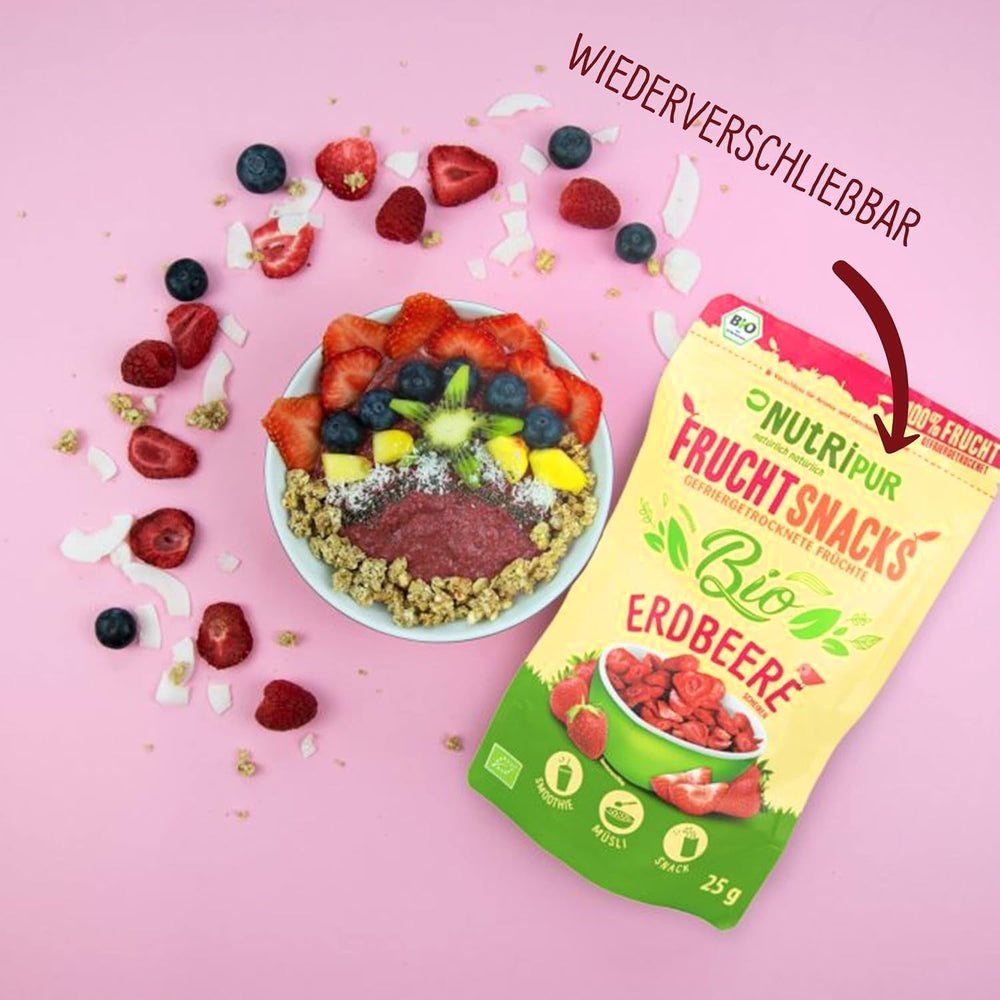 Fraises lyophilisées bio : 70g de fraises séchées pour smoothie bowls, muesli, porridge toppings - Baies lyophilisées sans sucre ajouté - Fraises lyophilisées - Fruits NutriPur Produits déshydratés Naty Shop