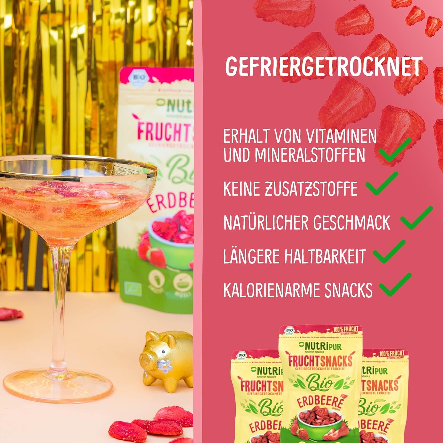 Fraises lyophilisées bio : 70g de fraises séchées pour smoothie bowls, muesli, porridge toppings - Baies lyophilisées sans sucre ajouté - Fraises lyophilisées - Fruits NutriPur Produits déshydratés Naty Shop