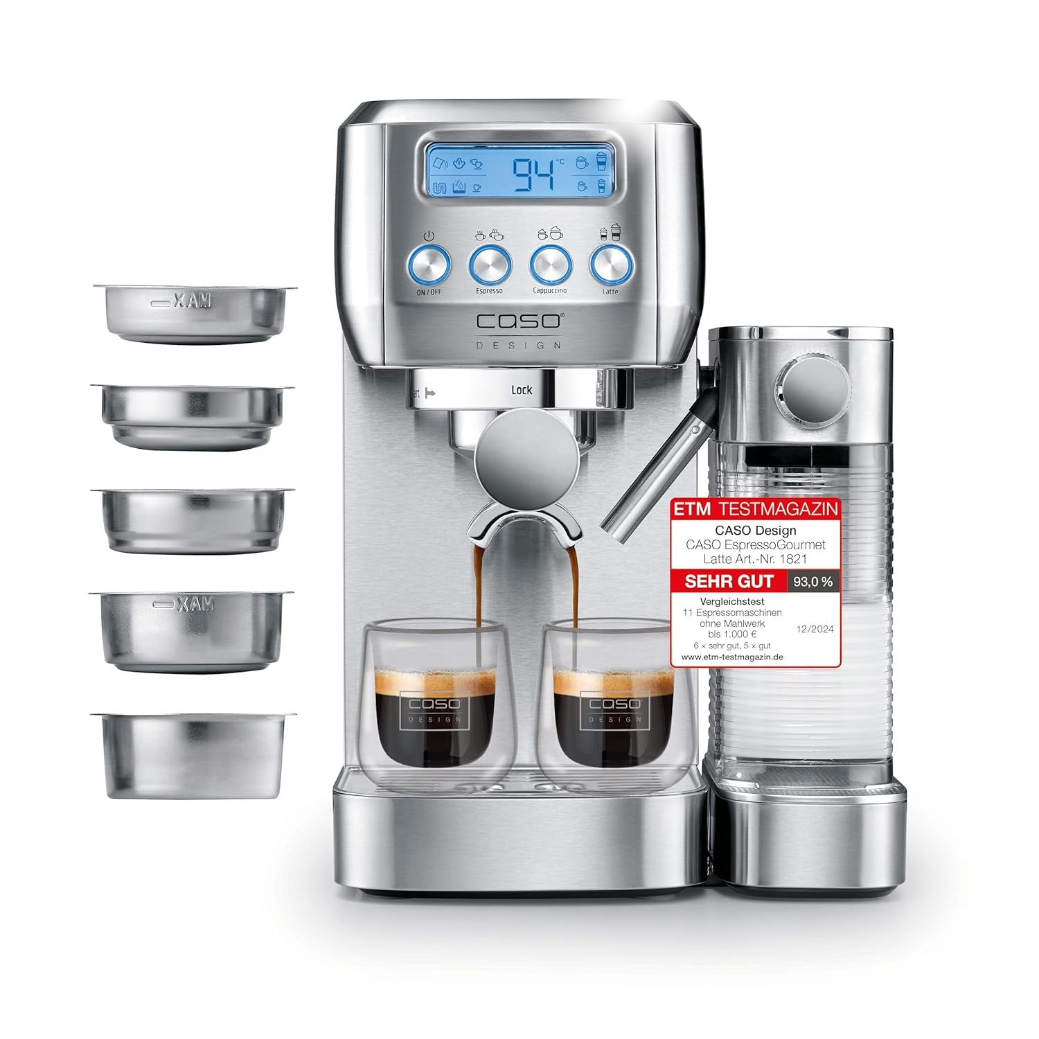 CASO EspressoGourmet Crema - Machine à expresso porte-filtre avec mousseur à lait, expresso, cappuccino, porte-filtre en acier inoxydable, pompe ULKA 20 bars, machine à café, café moulu, capsules ESE